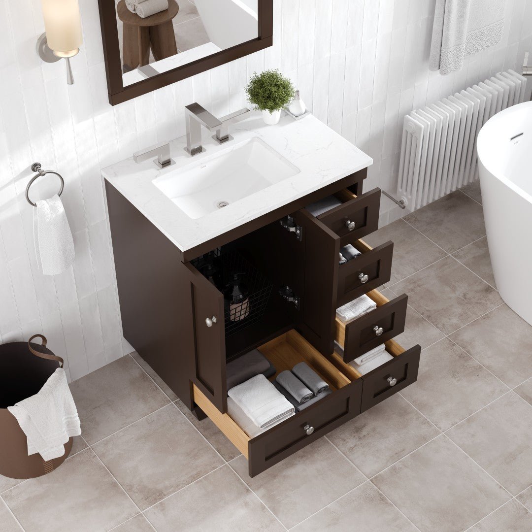 Acclaim 28 in. Teak Single Sink Bath Vanity with Carrara Quartz Top and Undermount Porcelain Sink - Bathroom Vanity by Eviva
