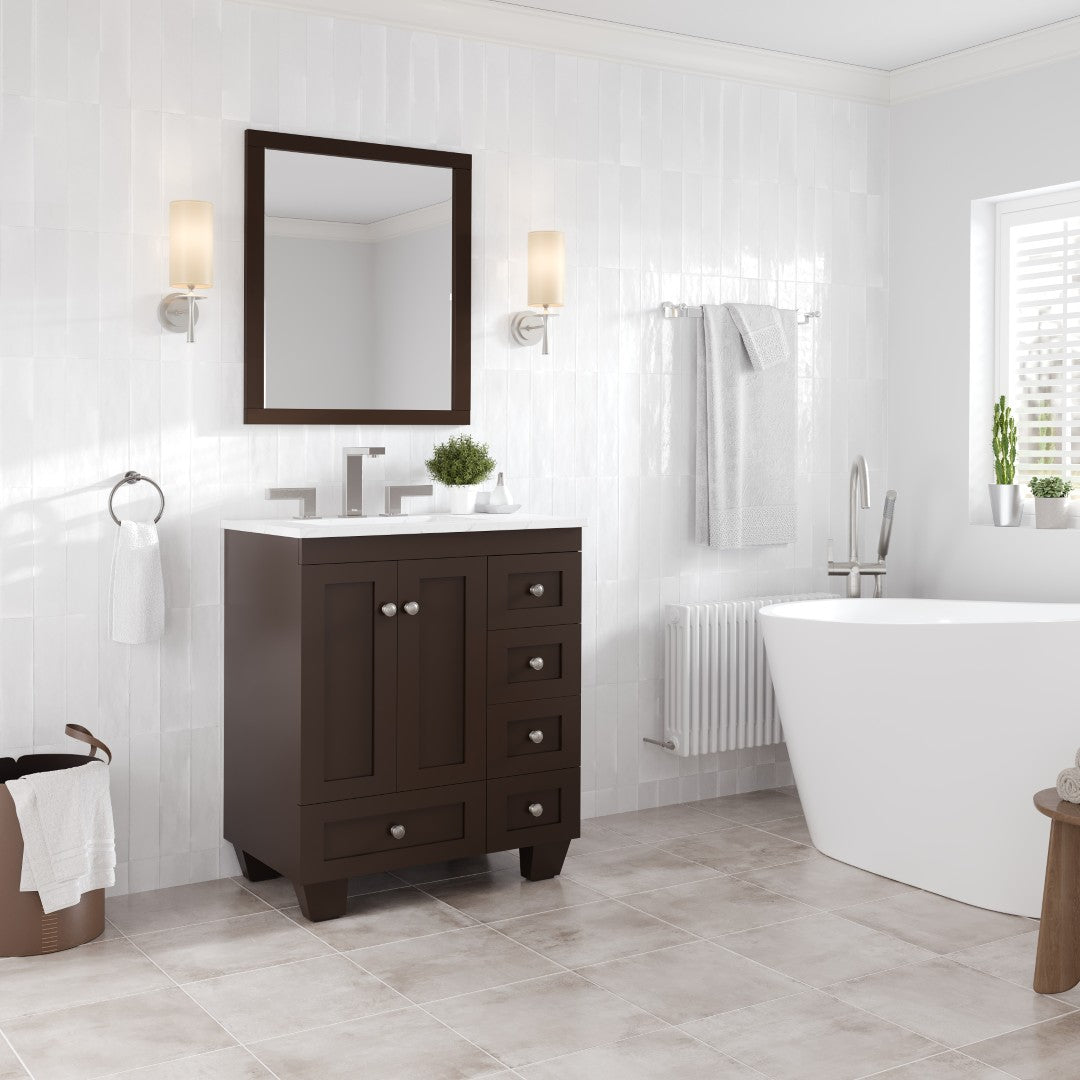 Acclaim 28 in. Teak Single Sink Bath Vanity with Carrara Quartz Top and Undermount Porcelain Sink