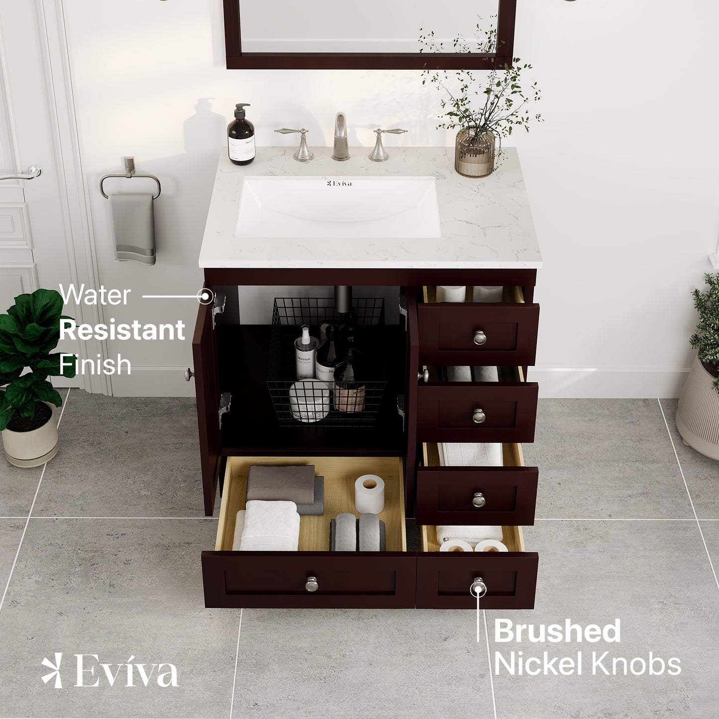 Acclaim 30"W x 22"D Teak Bathroom Vanity with Carrara Quartz Countertop and Undermount Porcelain Sink
