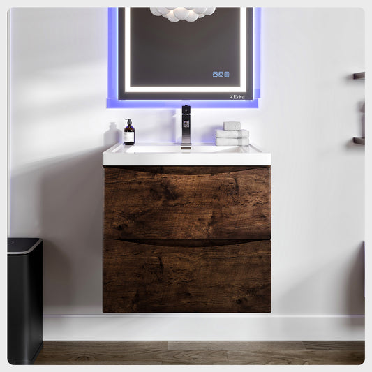 Smile 28"W x 19"D Rosewood Wall Mount Bathroom Vanity with Acrylic Countertop and Integrated Sink