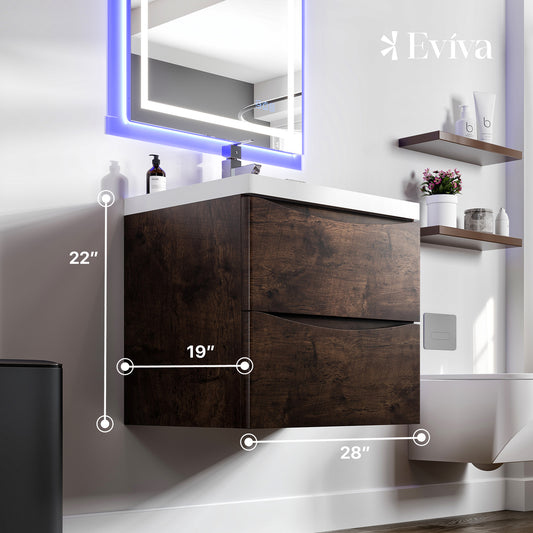 Smile 28"W x 19"D Rosewood Wall Mount Bathroom Vanity with Acrylic Countertop and Integrated Sink
