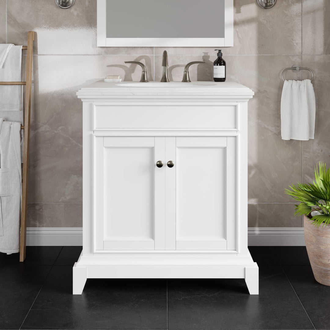 A white single sink bath vanity with a Carrara quartz top and undermount porcelain sink, featuring a traditional design with two doors and a center cabinet.