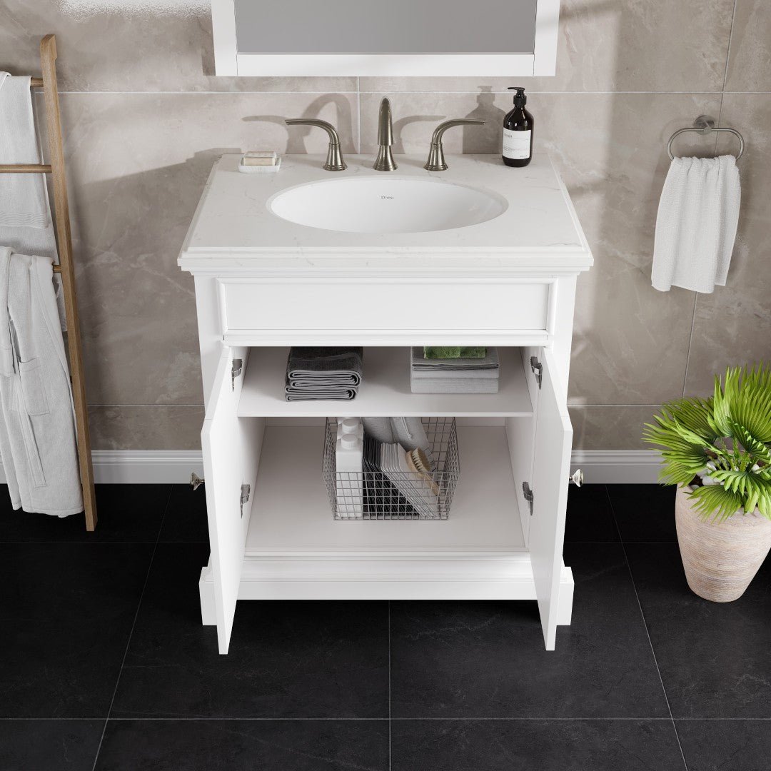 Elite Stamford 30 in. White Single Sink Bath Vanity with Carrara Quartz Top and Undermount Porcelain Sink - Bathroom Vanity by Eviva