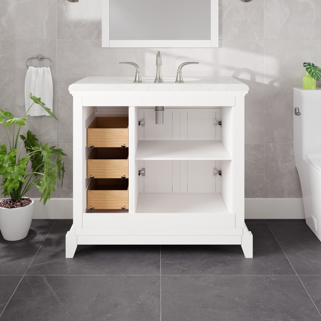 Elite Stamford 36 in. White Single Sink Bath Vanity with Carrara Quartz Top and Undermount Porcelain Sink - Bathroom Vanity by Eviva
