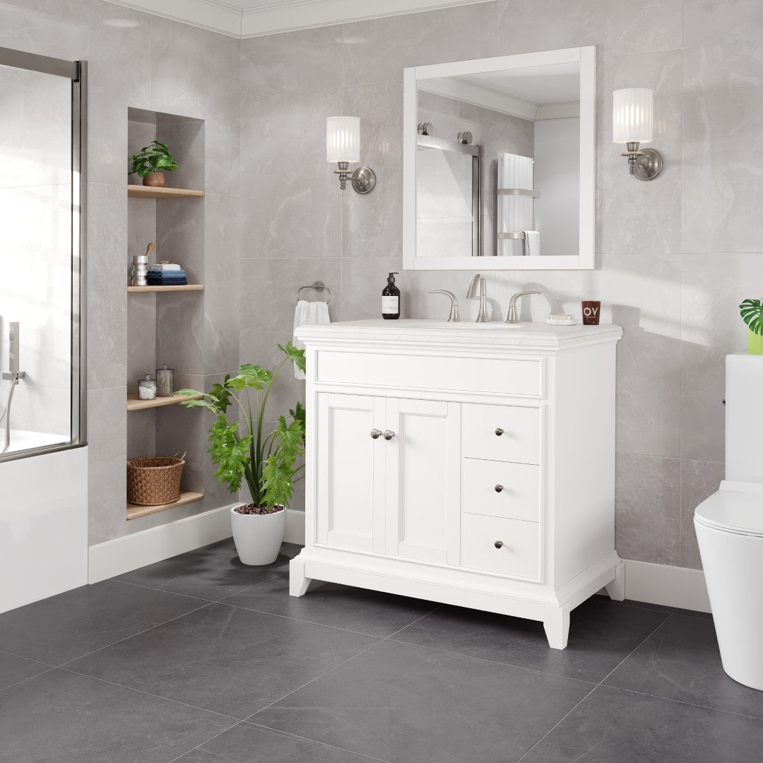 Elite Stamford 36 in. White Single Sink Bath Vanity with Carrara Quartz Top and Undermount Porcelain Sink