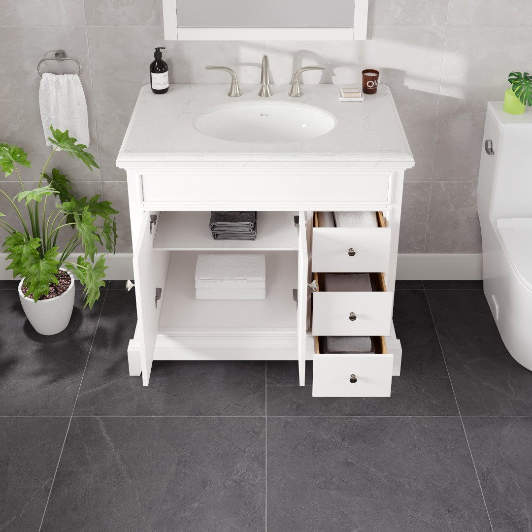 Elite Stamford 36 in. White Single Sink Bath Vanity with Carrara Quartz Top and Undermount Porcelain Sink