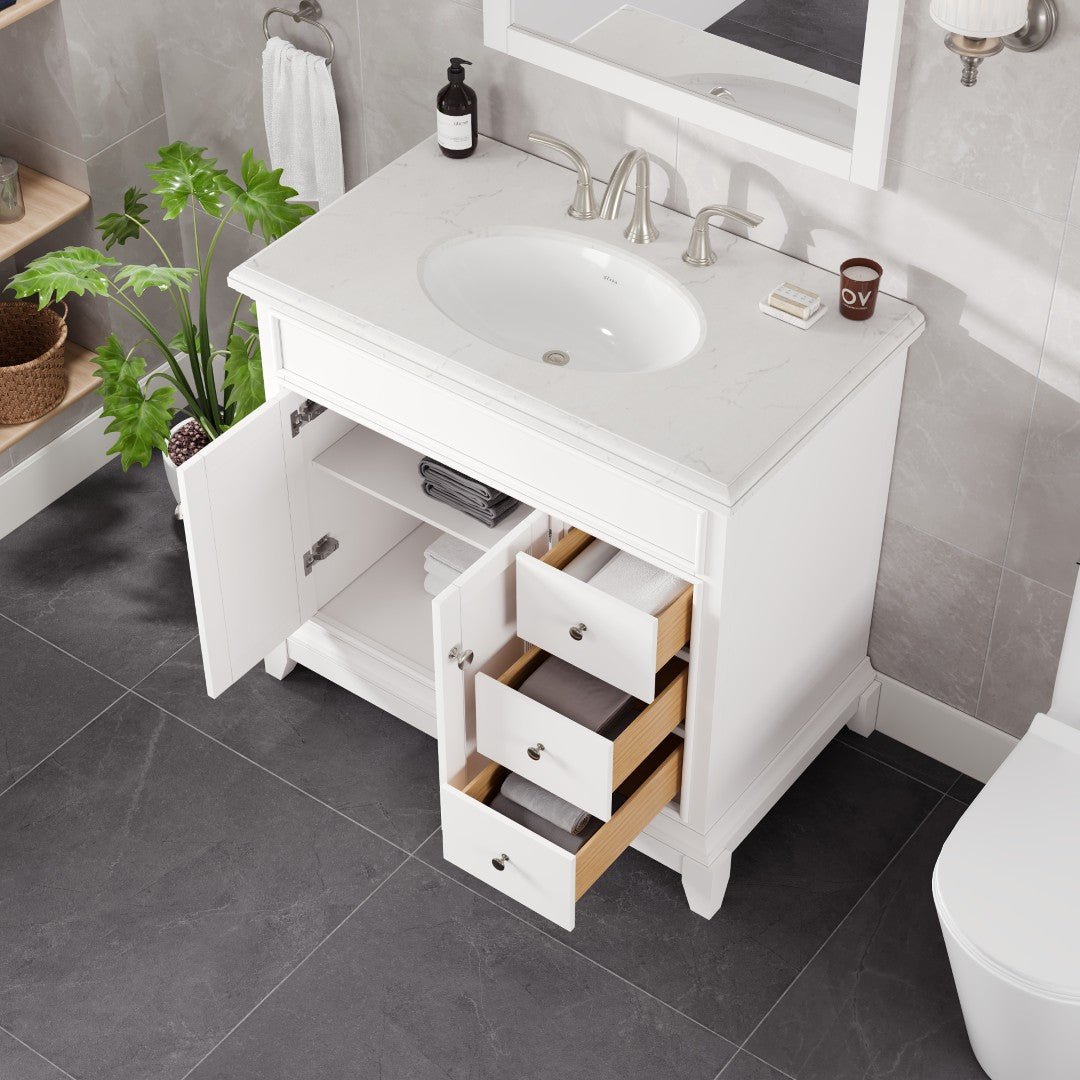 Elite Stamford 36 in. White Single Sink Bath Vanity with Carrara Quartz Top and Undermount Porcelain Sink - Bathroom Vanity by Eviva