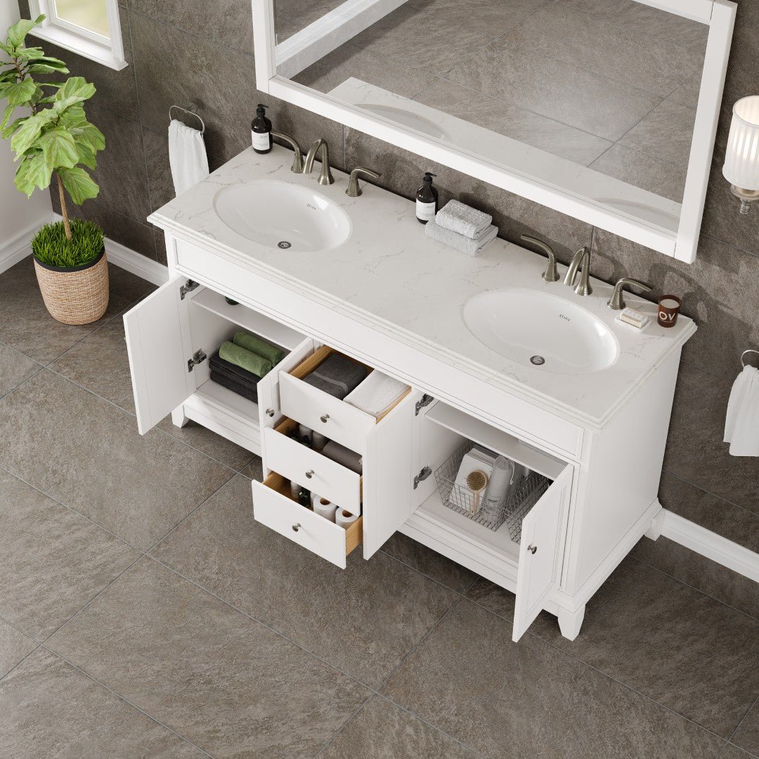 Elite Stamford 60 in. White Double Sink Bath Vanity with Carrara Quartz Top and Undermount Porcelain Sinks - Bathroom Vanity by Eviva