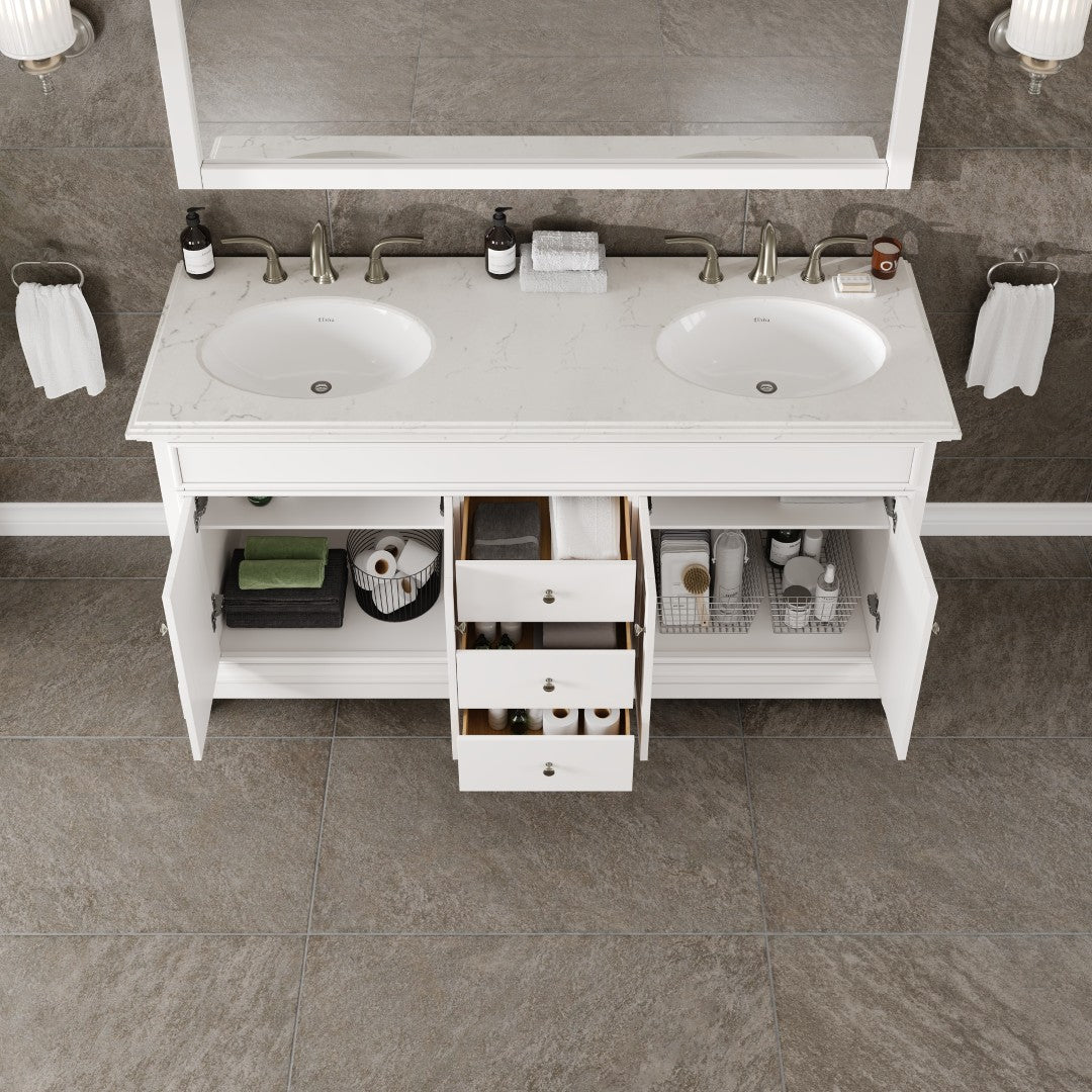 Elite Stamford 60 in. White Double Sink Bath Vanity with Carrara Quartz Top and Undermount Porcelain Sinks