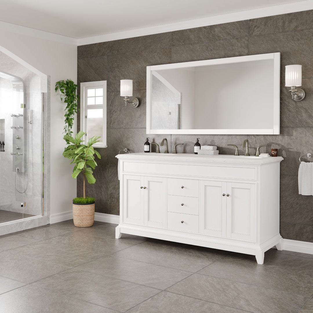 Elite Stamford 60 in. White Double Sink Bath Vanity with Carrara Quartz Top and Undermount Porcelain Sinks