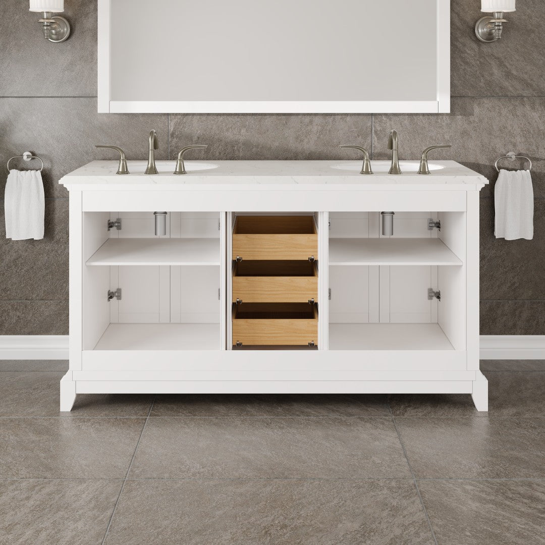 Elite Stamford 60 in. White Double Sink Bath Vanity with Carrara Quartz Top and Undermount Porcelain Sinks