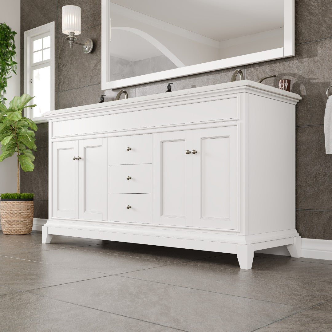 Elite Stamford 60 in. White Double Sink Bath Vanity with Carrara Quartz Top and Undermount Porcelain Sinks