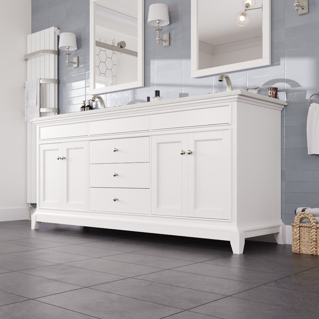 Elite Stamford 72 in. White Double Sink Bath Vanity with Carrara Quartz Top and Undermount Porcelain Sinks