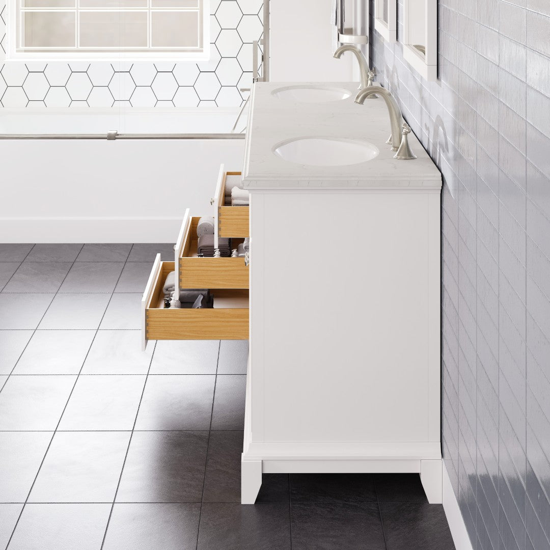 Elite Stamford 72 in. White Double Sink Bath Vanity with Carrara Quartz Top and Undermount Porcelain Sinks