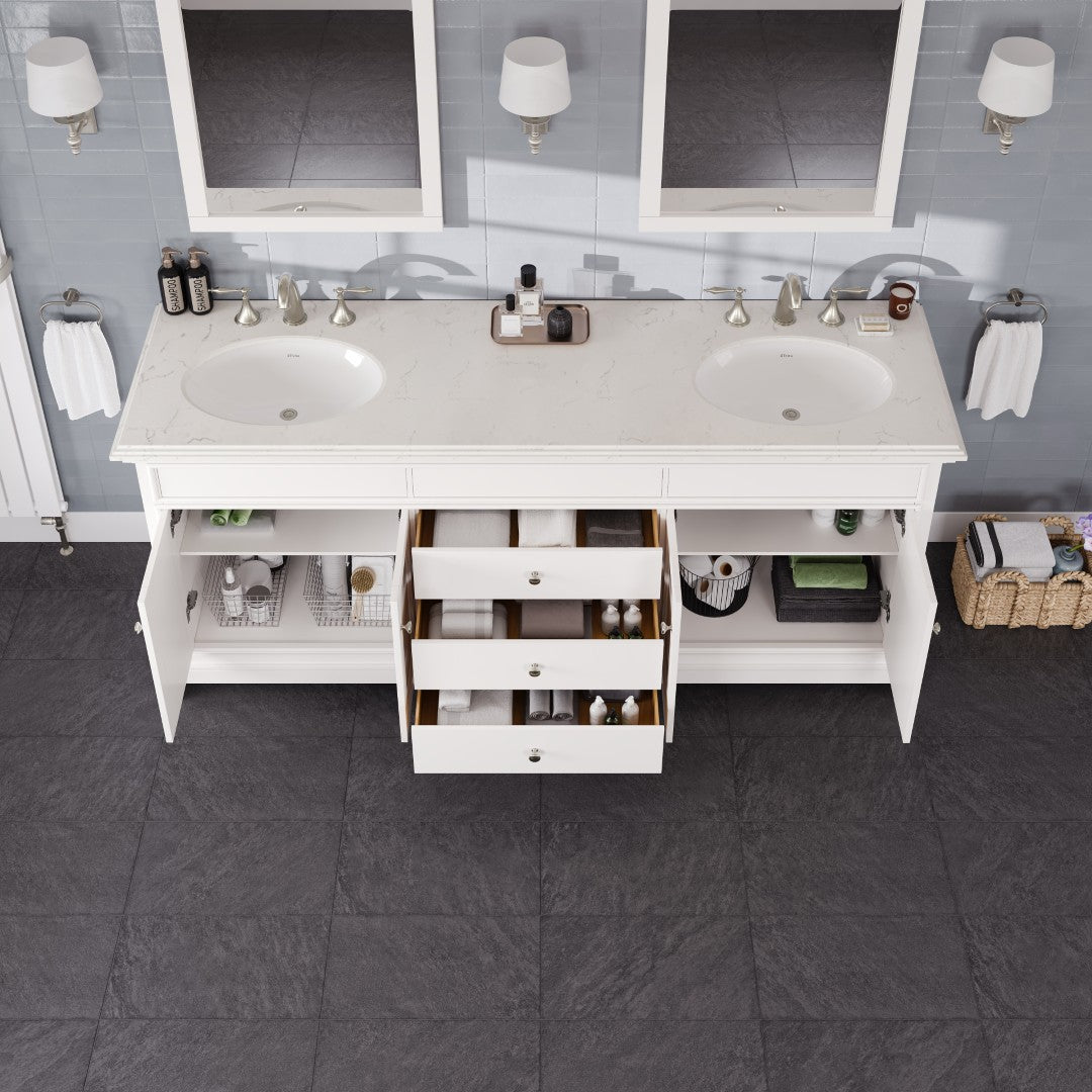 Elite Stamford 72 in. White Double Sink Bath Vanity with Carrara Quartz Top and Undermount Porcelain Sinks