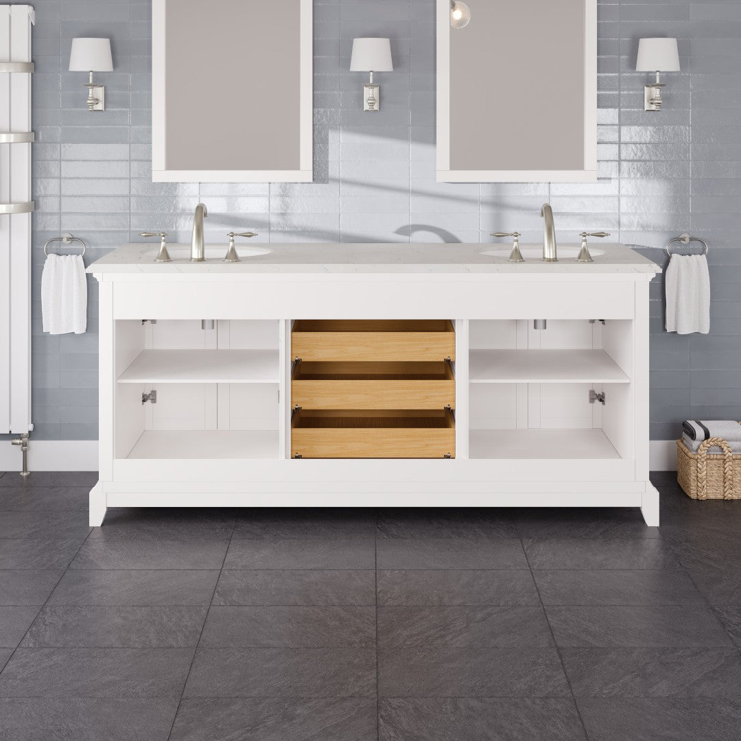 Elite Stamford 72 in. White Double Sink Bath Vanity with Carrara Quartz Top and Undermount Porcelain Sinks