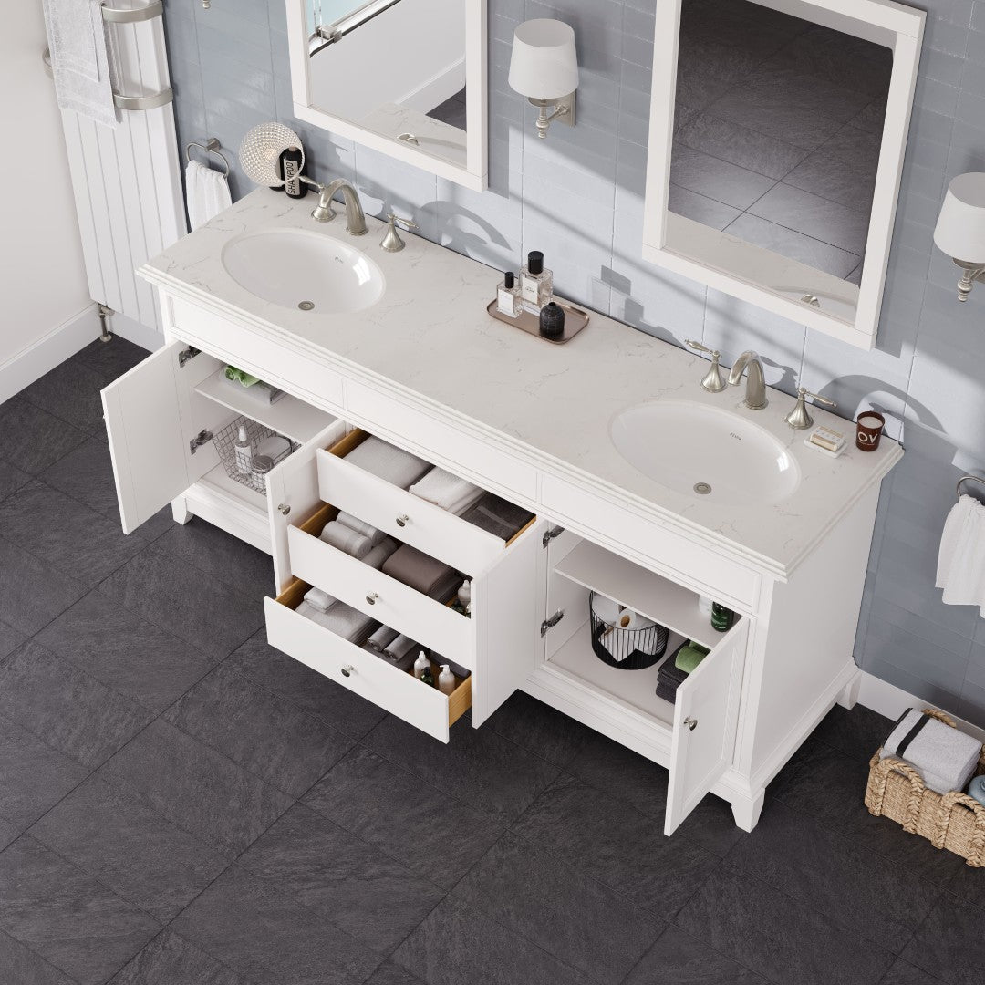 Elite Stamford 72 in. White Double Sink Bath Vanity with Carrara Quartz Top and Undermount Porcelain Sinks