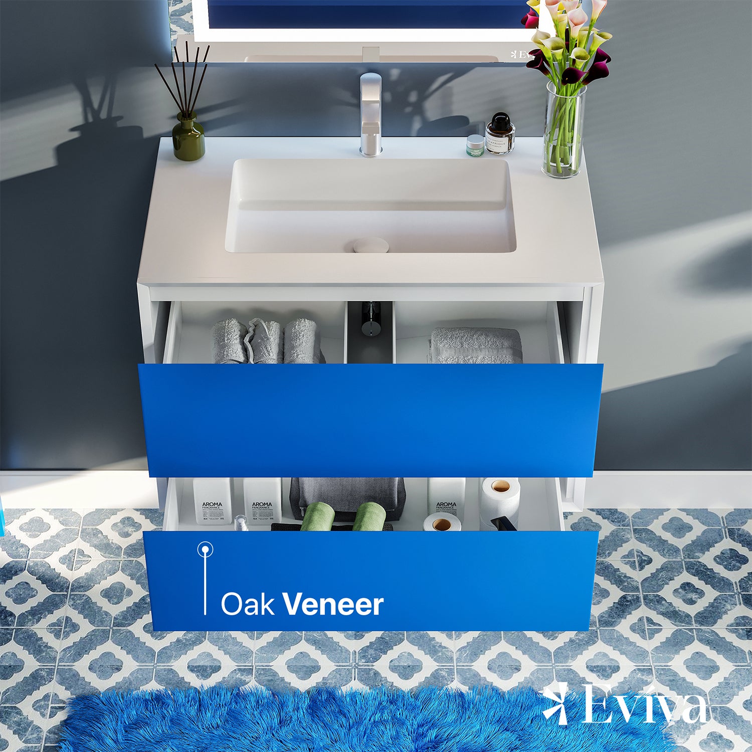 Vienna 36 in. Blue Wall Mount Single Sink Bath Vanity with Acrylic Top and Integrated Sink