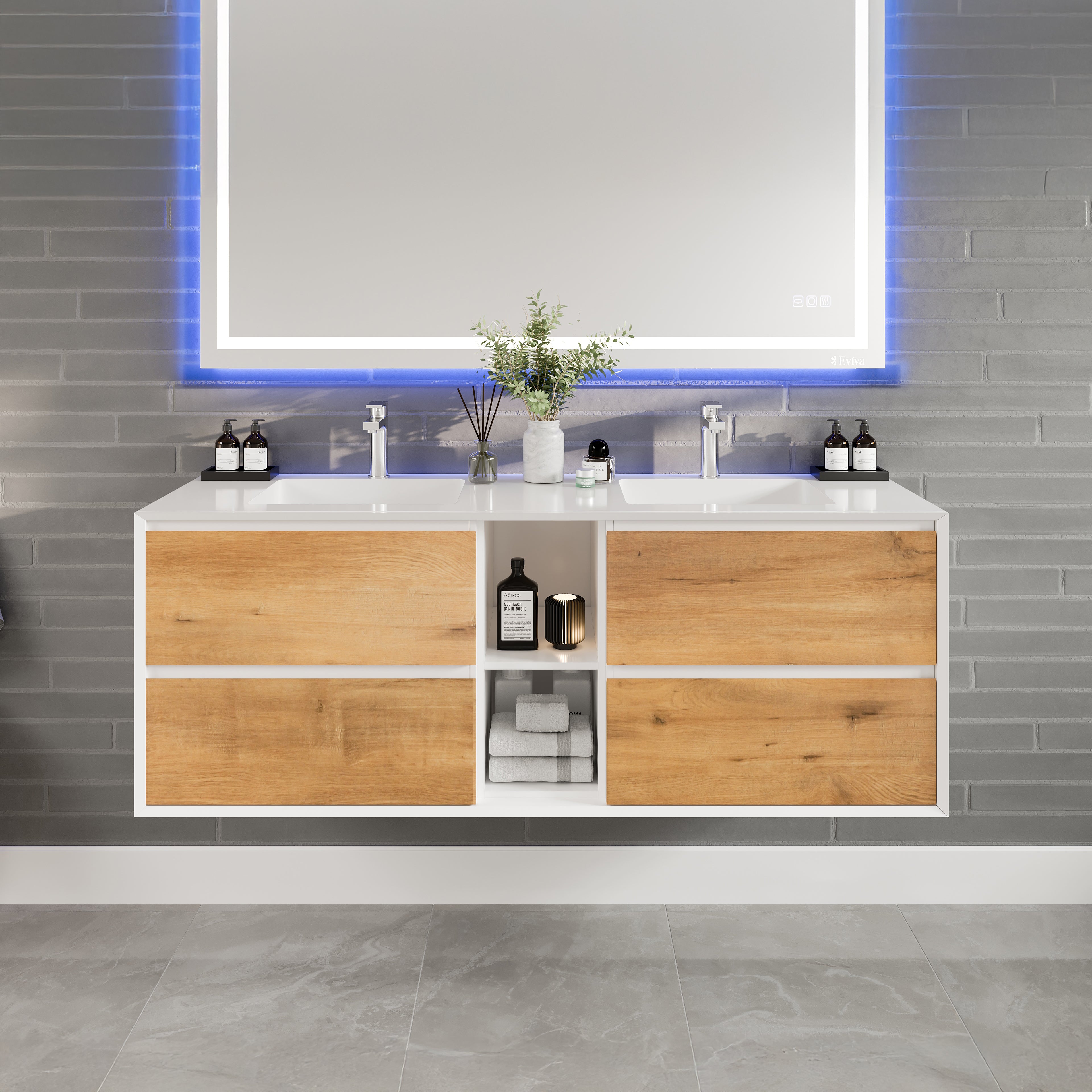 Vienna 60" WH Oak Wall Mount Double Sink Bath Vanity with Acrylic Top and Integrated Sinks