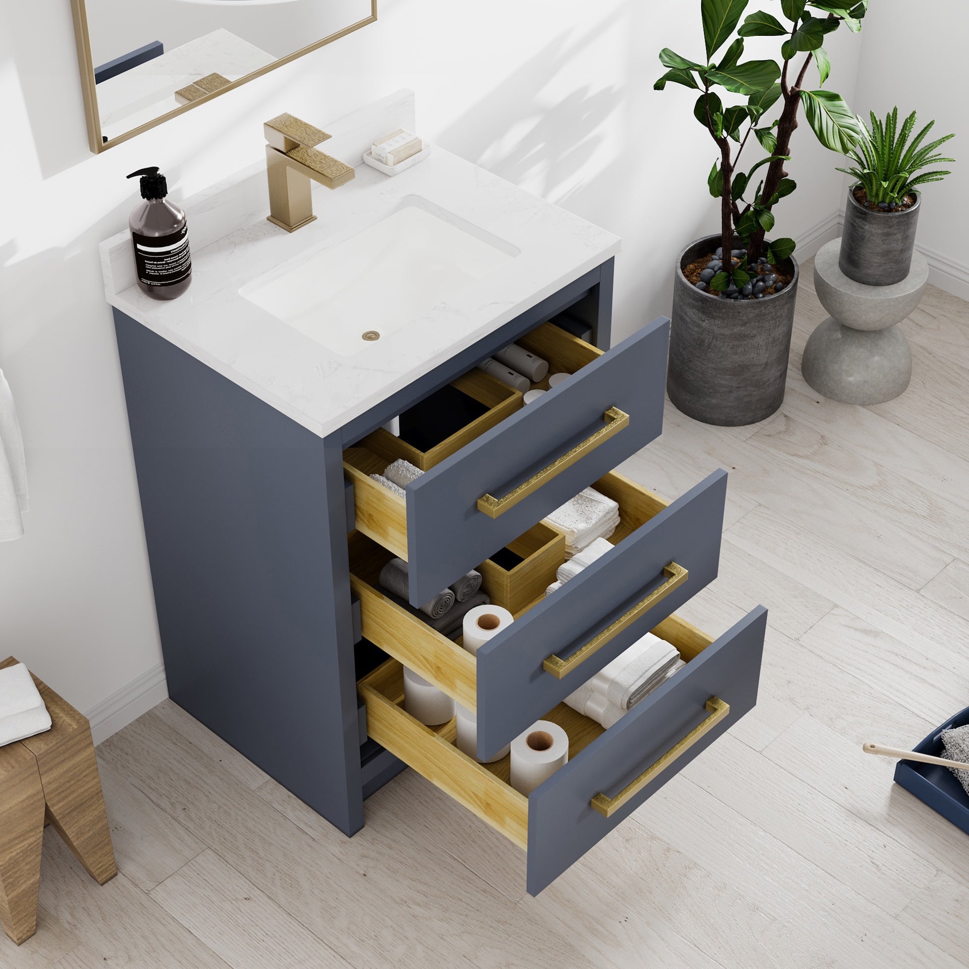 Curio 24 in. Dark Blue Single Sink Bath Vanity with Arabescato Engineered Stone Top and Undermount Porcelain Sink - Bathroom Vanity by Eviva