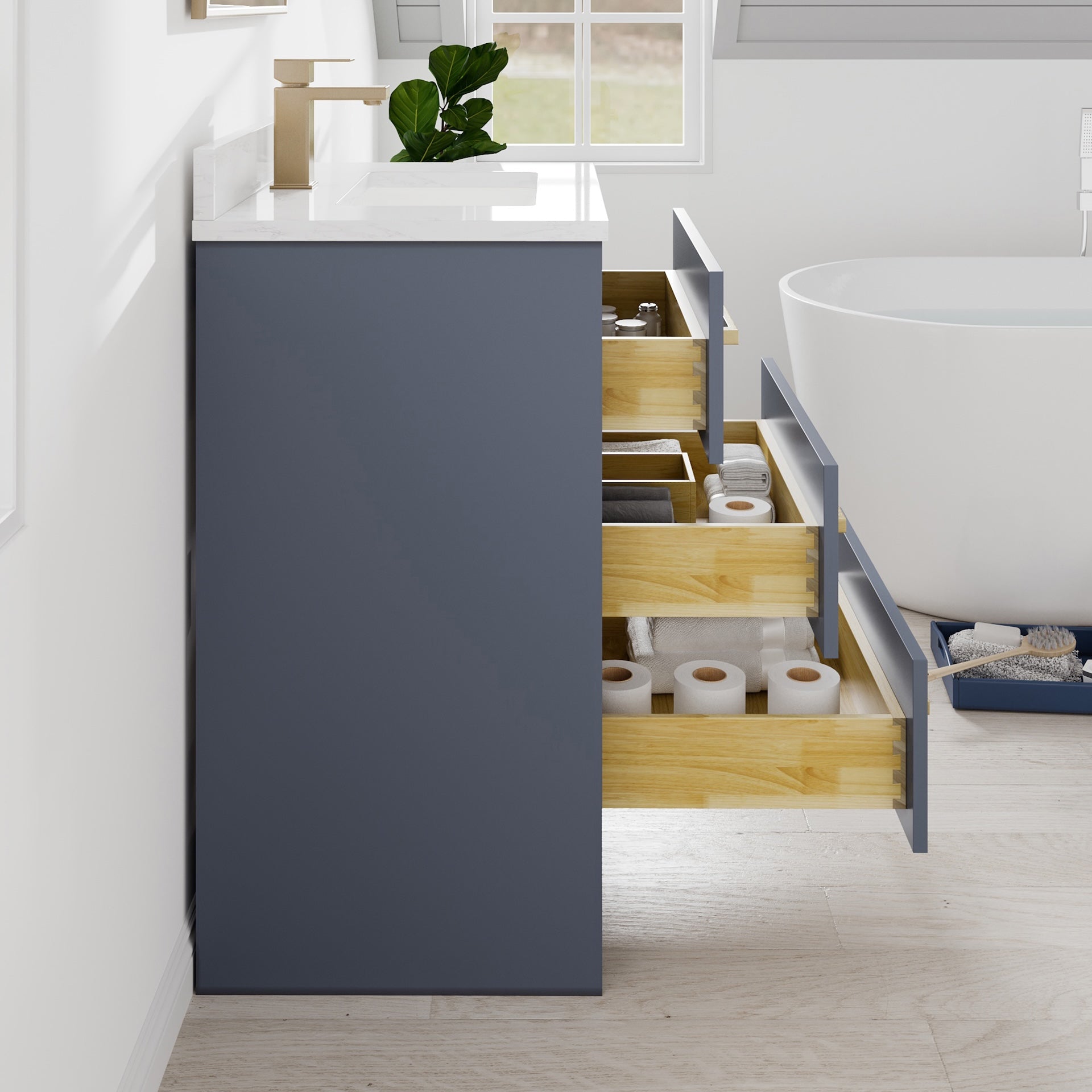 Curio 24 in. Dark Blue Single Sink Bath Vanity with Arabescato Engineered Stone Top and Undermount Porcelain Sink - Bathroom Vanity by Eviva