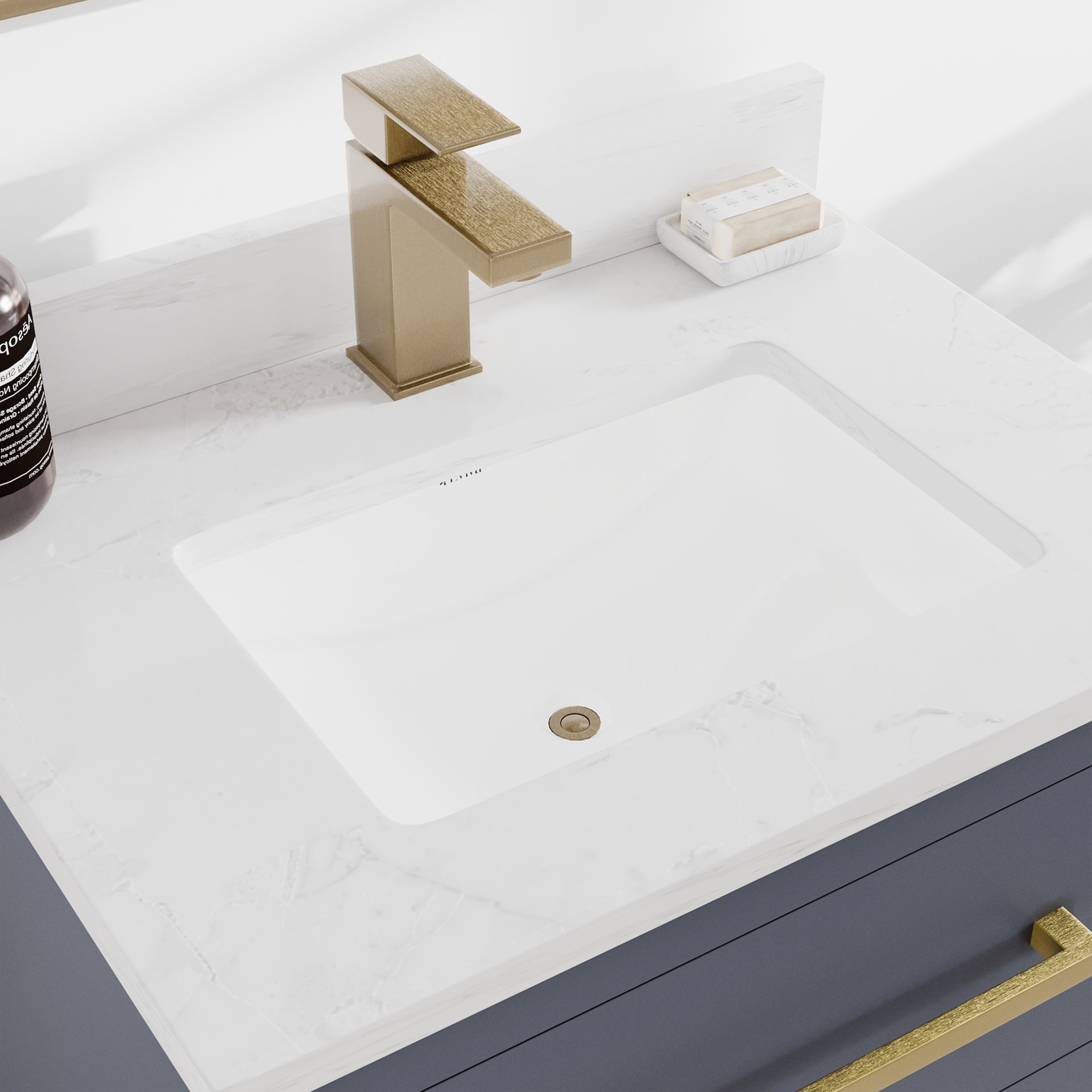 Curio 24 in. Dark Blue Single Sink Bath Vanity with Arabescato Engineered Stone Top and Undermount Porcelain Sink - Bathroom Vanity by Eviva