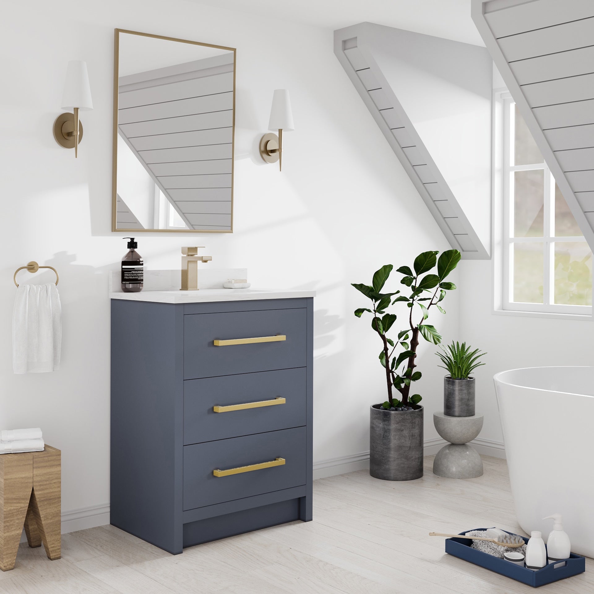 Curio 24 in. Dark Blue Single Sink Bath Vanity with Arabescato Engineered Stone Top and Undermount Porcelain Sink - Bathroom Vanity by Eviva