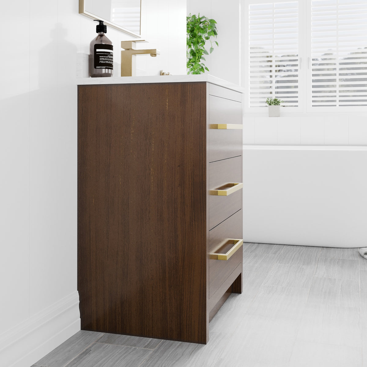 Curio 24 in. Walnut Single Sink Bath Vanity with Arabescato Engineered Stone Top and Undermount Porcelain Sink - Bathroom Vanity by Eviva
