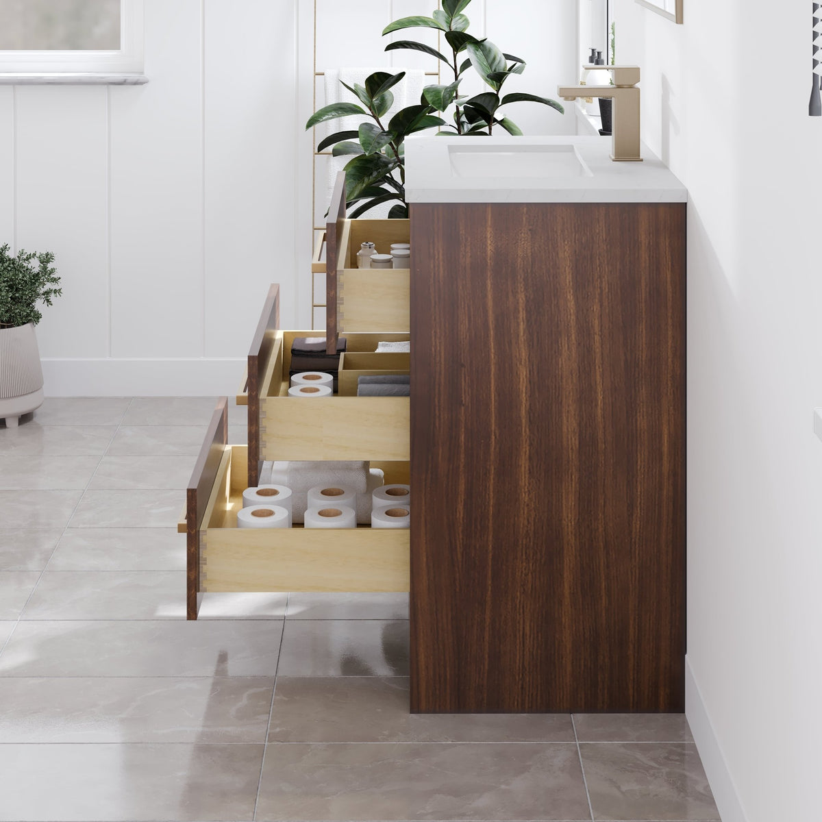 Curio 26 in. Walnut Single Sink Bath Vanity with Arabescato Engineered Stone Top and Undermount Porcelain Sink - Bathroom Vanity by Eviva