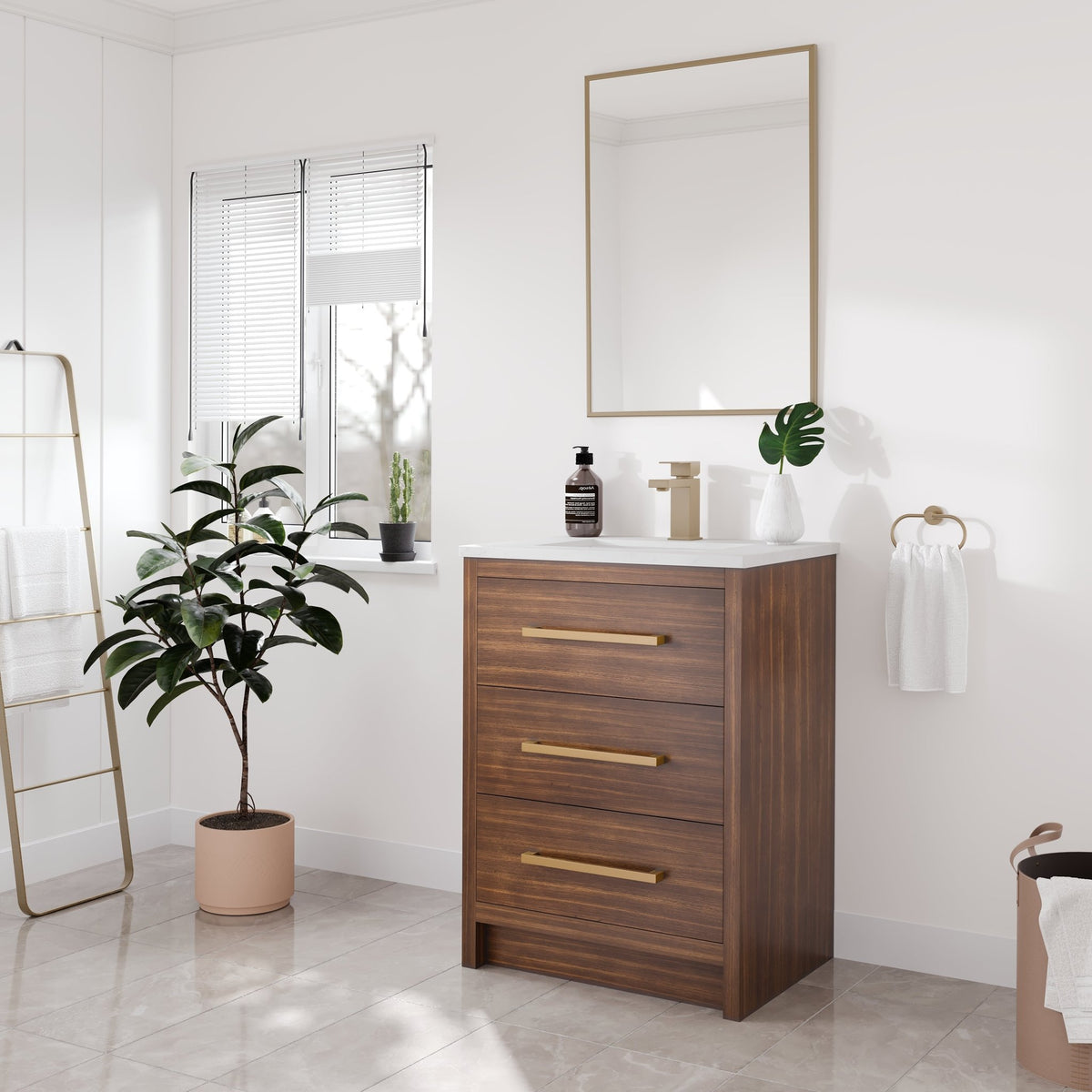 Curio 26 in. Walnut Single Sink Bath Vanity with Arabescato Engineered Stone Top and Undermount Porcelain Sink - Bathroom Vanity by Eviva