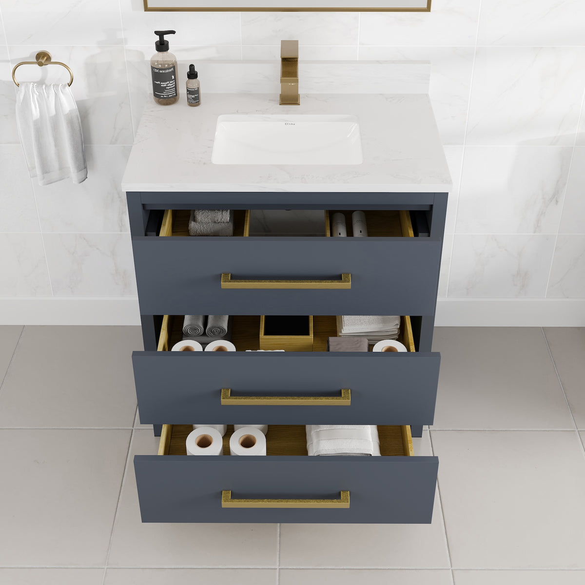 Curio 30 in. Dark Blue Single Sink Bath Vanity with Arabescato Engineered Stone Top and Undermount Porcelain Sink - Bathroom Vanity by Eviva