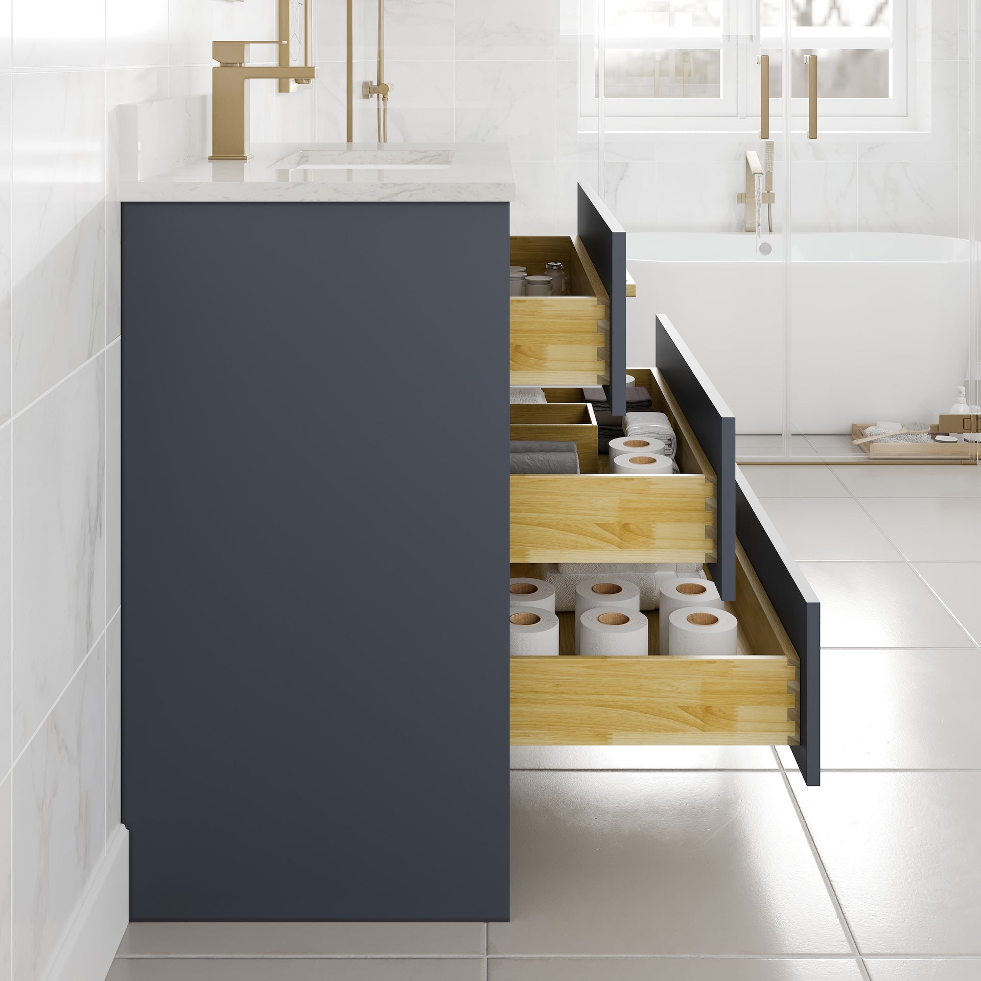 Curio 30 in. Dark Blue Single Sink Bath Vanity with Arabescato Engineered Stone Top and Undermount Porcelain Sink - Bathroom Vanity by Eviva