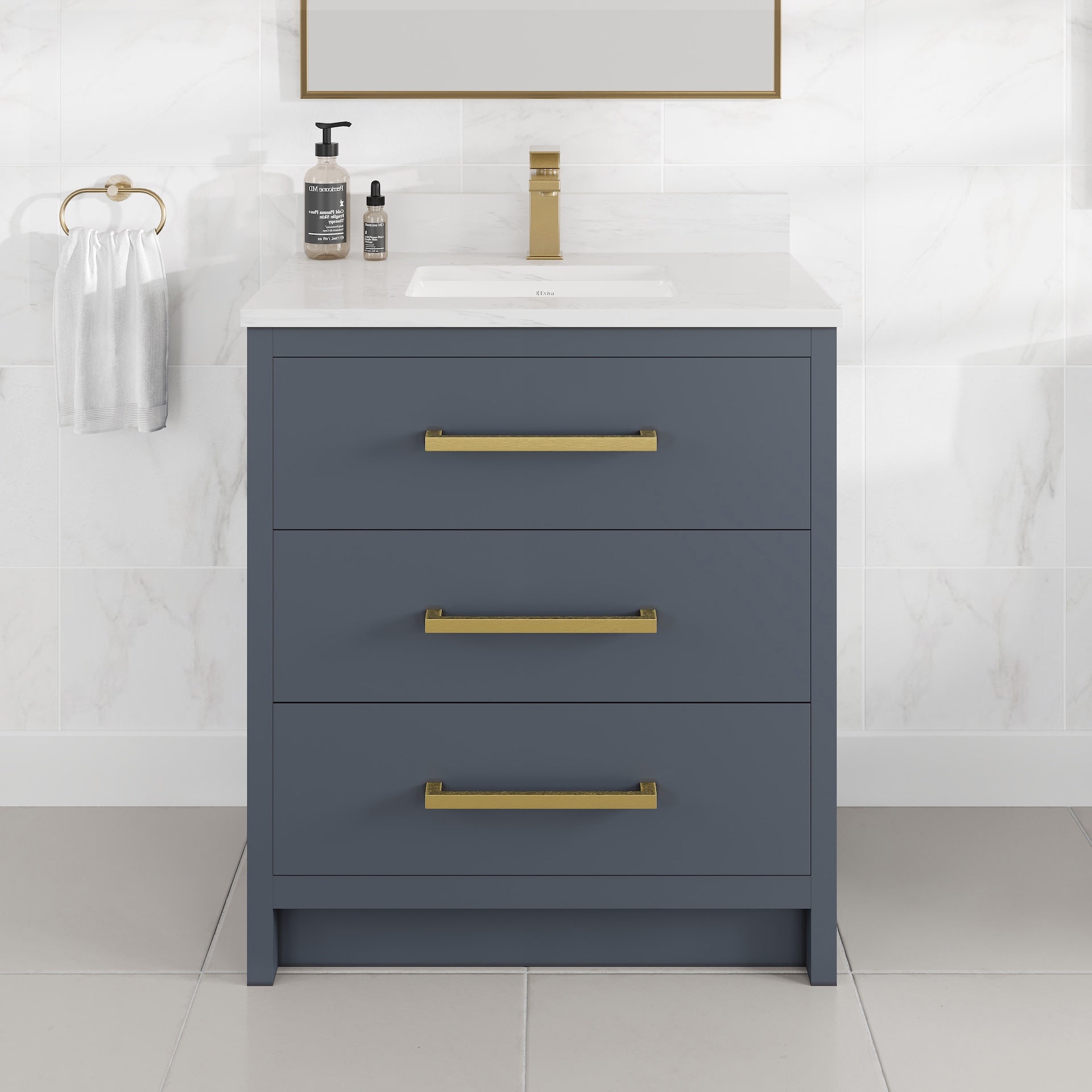 Curio 30 in. Dark Blue Single Sink Bath Vanity with Arabescato Engineered Stone Top and Undermount Porcelain Sink - Bathroom Vanity by Eviva
