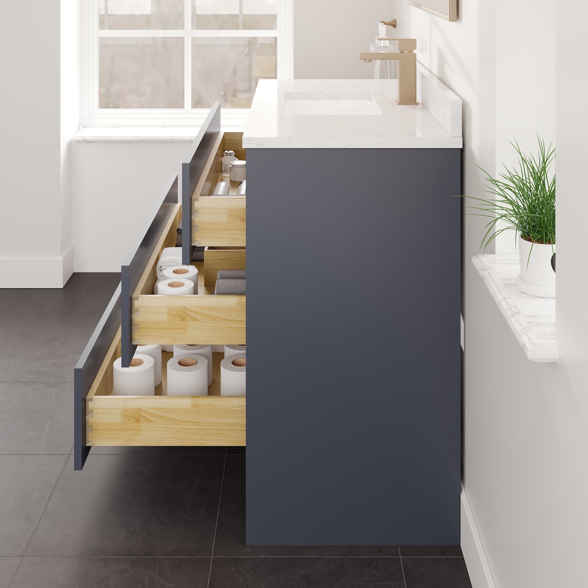 Curio 36 in. Dark Blue Single Sink Bath Vanity with Arabescato Engineered Stone Top and Undermount Porcelain Sink - Bathroom Vanity by Eviva
