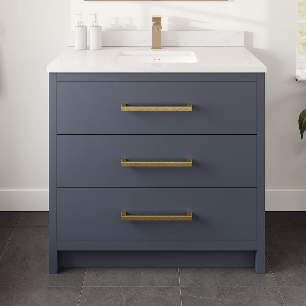 Curio 36 in. Dark Blue Single Sink Bath Vanity with Arabescato Engineered Stone Top and Undermount Porcelain Sink - Bathroom Vanity by Eviva