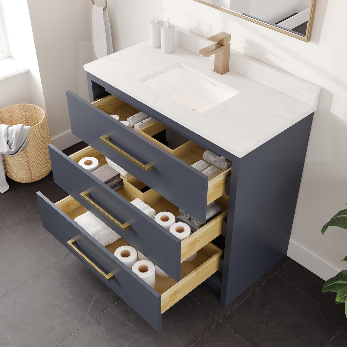 Curio 36 in. Dark Blue Single Sink Bath Vanity with Arabescato Engineered Stone Top and Undermount Porcelain Sink - Bathroom Vanity by Eviva
