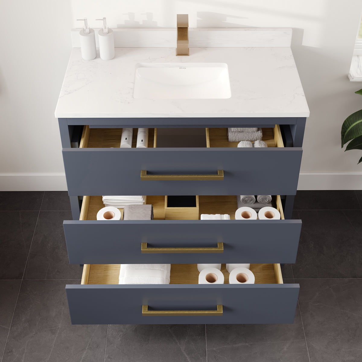 Curio 36 in. Dark Blue Single Sink Bath Vanity with Arabescato Engineered Stone Top and Undermount Porcelain Sink - Bathroom Vanity by Eviva