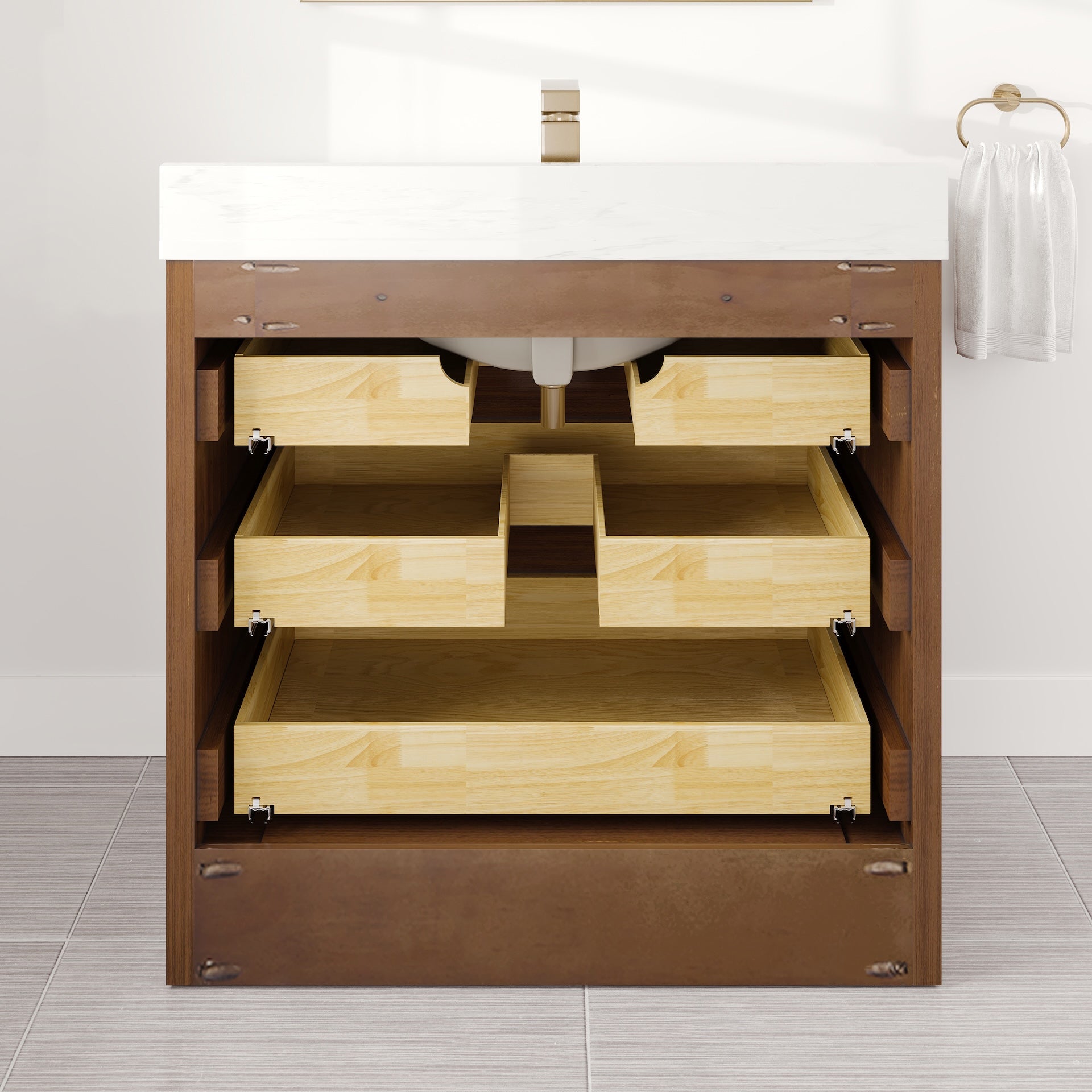 Curio 36 in. Walnut Single Sink Bath Vanity with Arabescato Engineered Stone Top and Undermount Porcelain Sink - Bathroom Vanity by Eviva