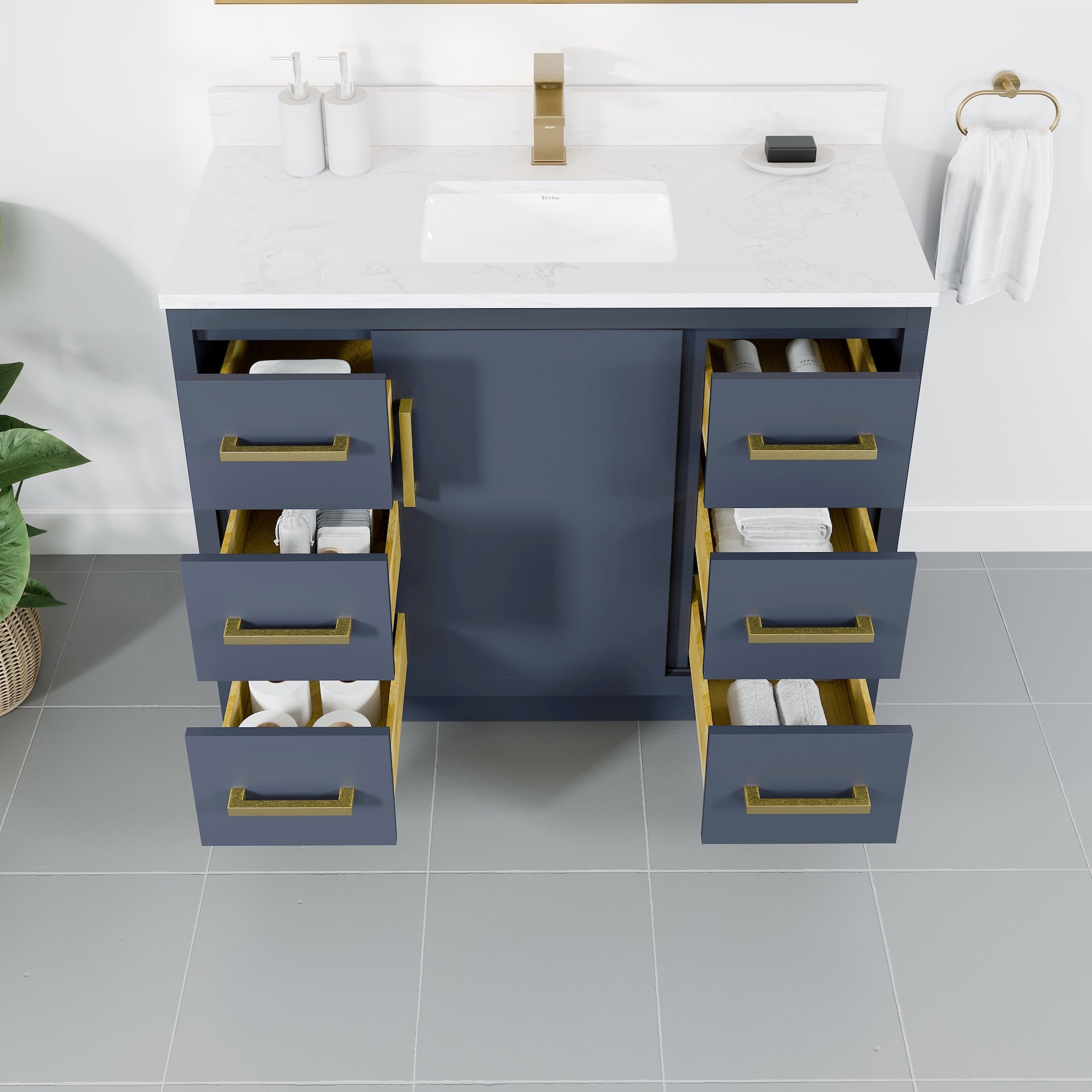 Curio 42 in. Dark Blue Single Sink Bath Vanity with Arabescato Engineered Stone Top and Undermount Porcelain Sink - Bathroom Vanity by Eviva