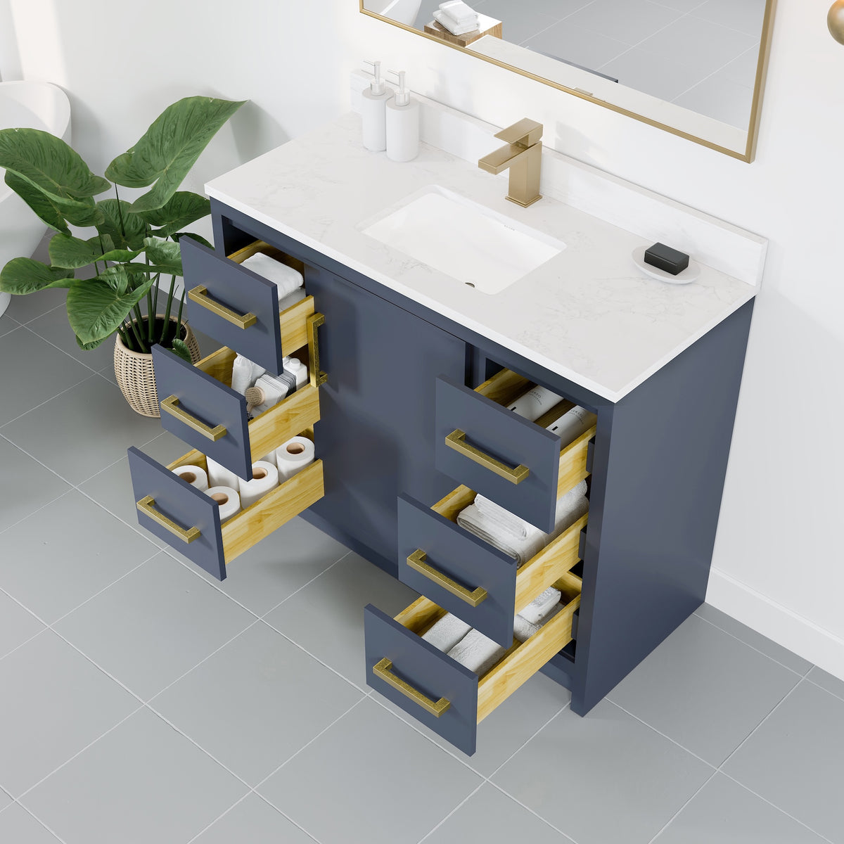 Curio 42 in. Dark Blue Single Sink Bath Vanity with Arabescato Engineered Stone Top and Undermount Porcelain Sink - Bathroom Vanity by Eviva