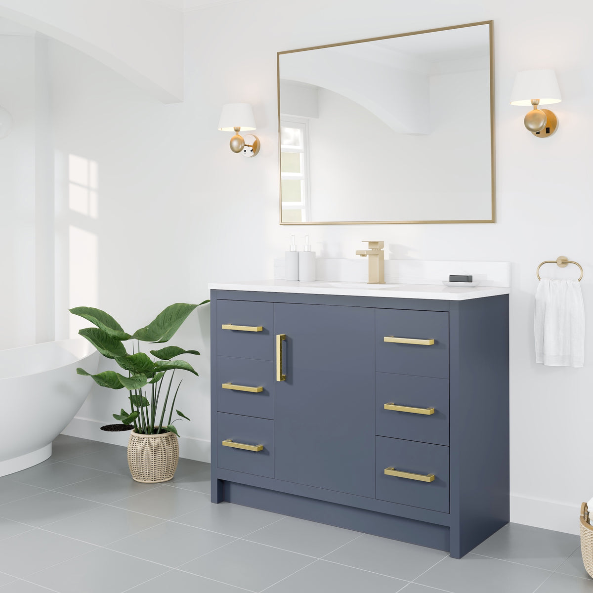 Curio 42 in. Dark Blue Single Sink Bath Vanity with Arabescato Engineered Stone Top and Undermount Porcelain Sink - Bathroom Vanity by Eviva