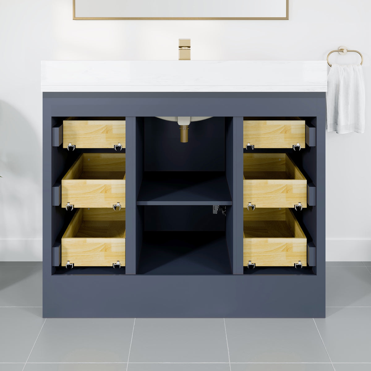 Curio 42 in. Dark Blue Single Sink Bath Vanity with Arabescato Engineered Stone Top and Undermount Porcelain Sink - Bathroom Vanity by Eviva