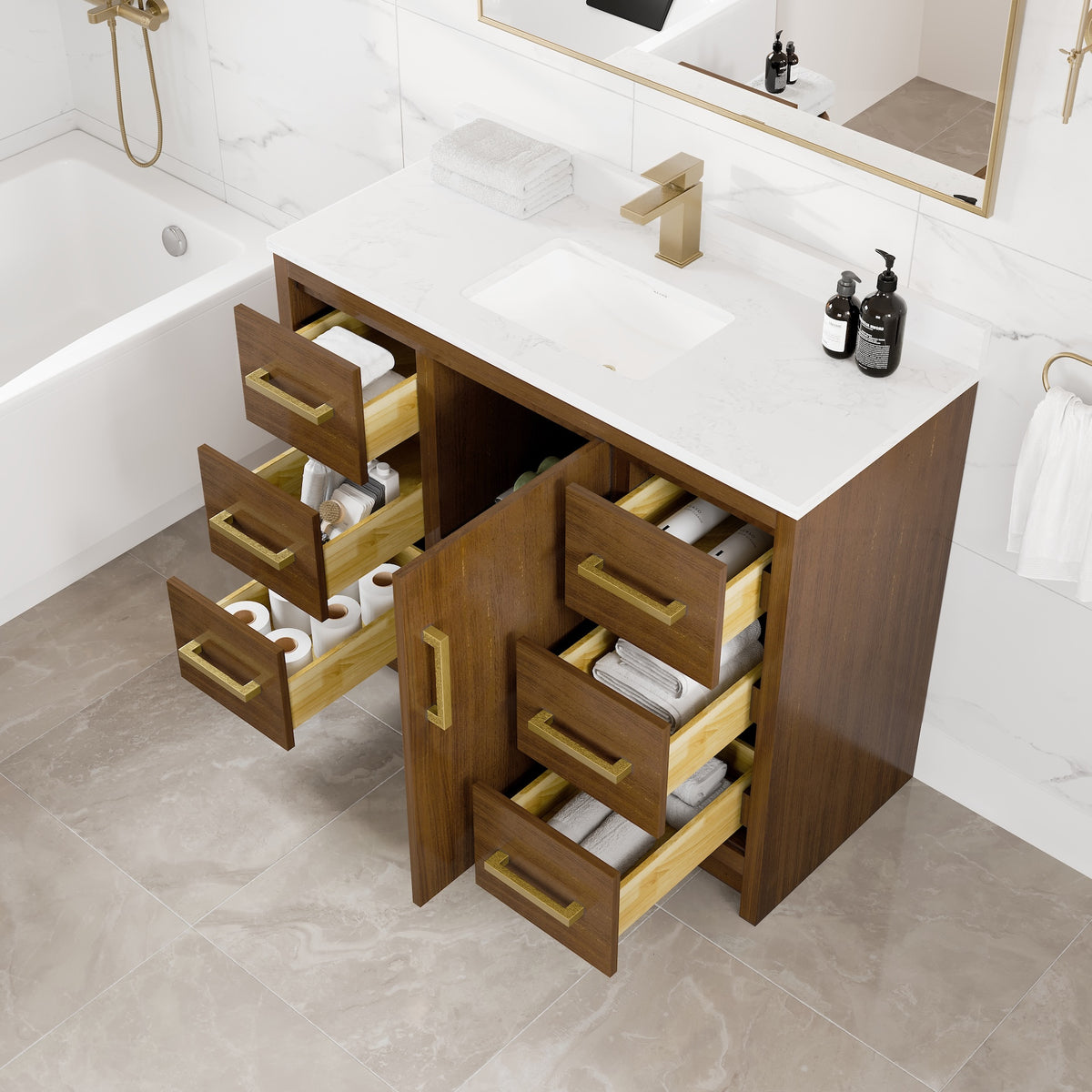 Curio 42 in. Walnut Single Sink Bath Vanity with Arabescato Engineered Stone Top and Undermount Porcelain Sink - Bathroom Vanity by Eviva