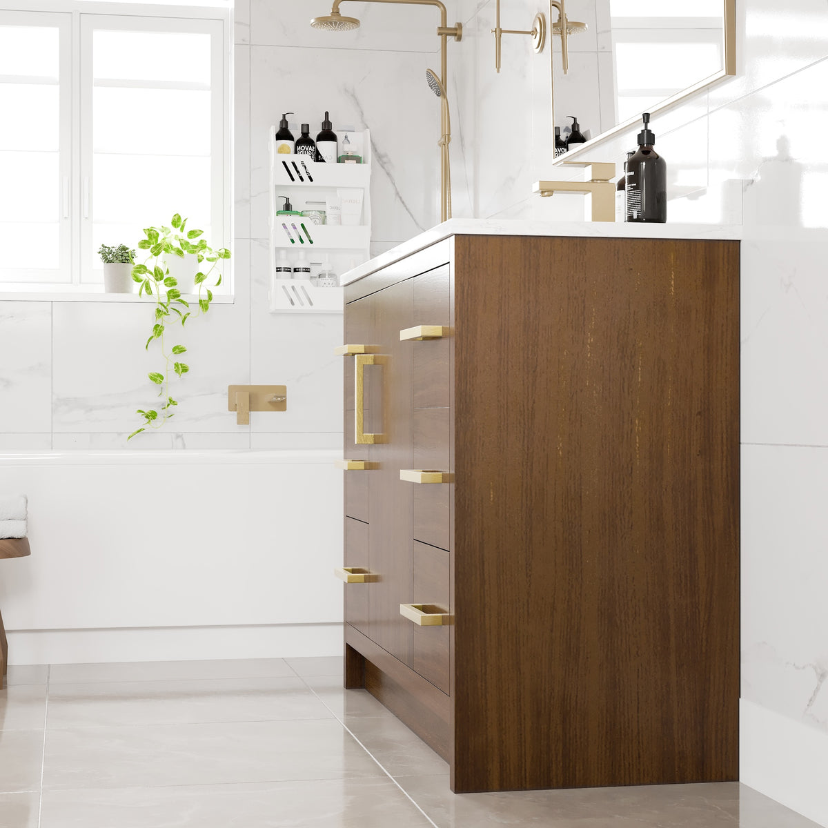 Curio 42 in. Walnut Single Sink Bath Vanity with Arabescato Engineered Stone Top and Undermount Porcelain Sink - Bathroom Vanity by Eviva