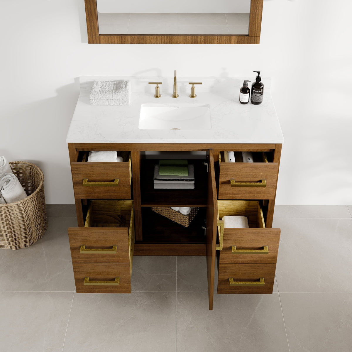 Nora 42 in. Walnut Single Sink Bath Vanity with Arabescato Engineered Stone Top and Undermount Porcelain Sink - Bathroom Vanity by Eviva