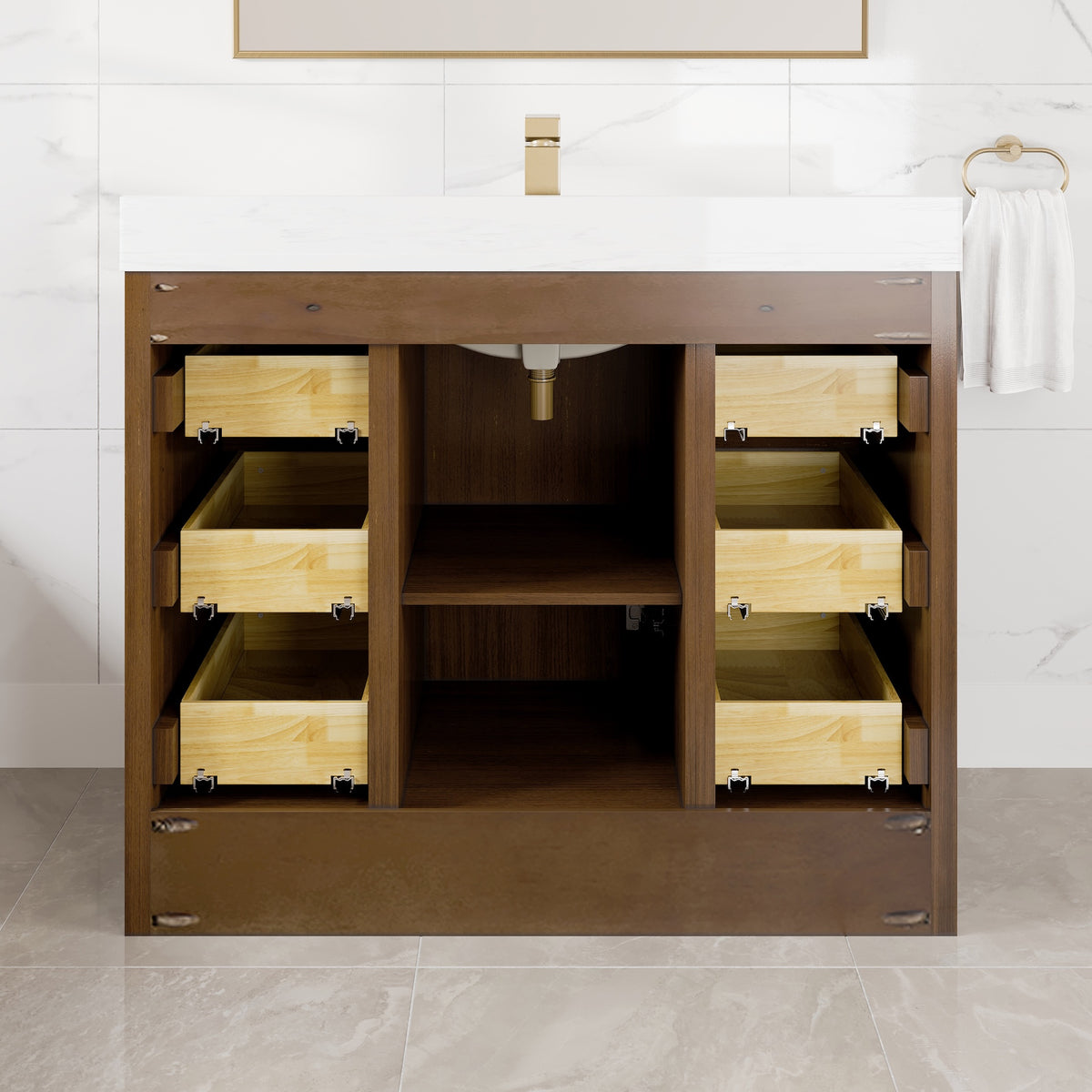 Curio 42 in. Walnut Single Sink Bath Vanity with Arabescato Engineered Stone Top and Undermount Porcelain Sink - Bathroom Vanity by Eviva