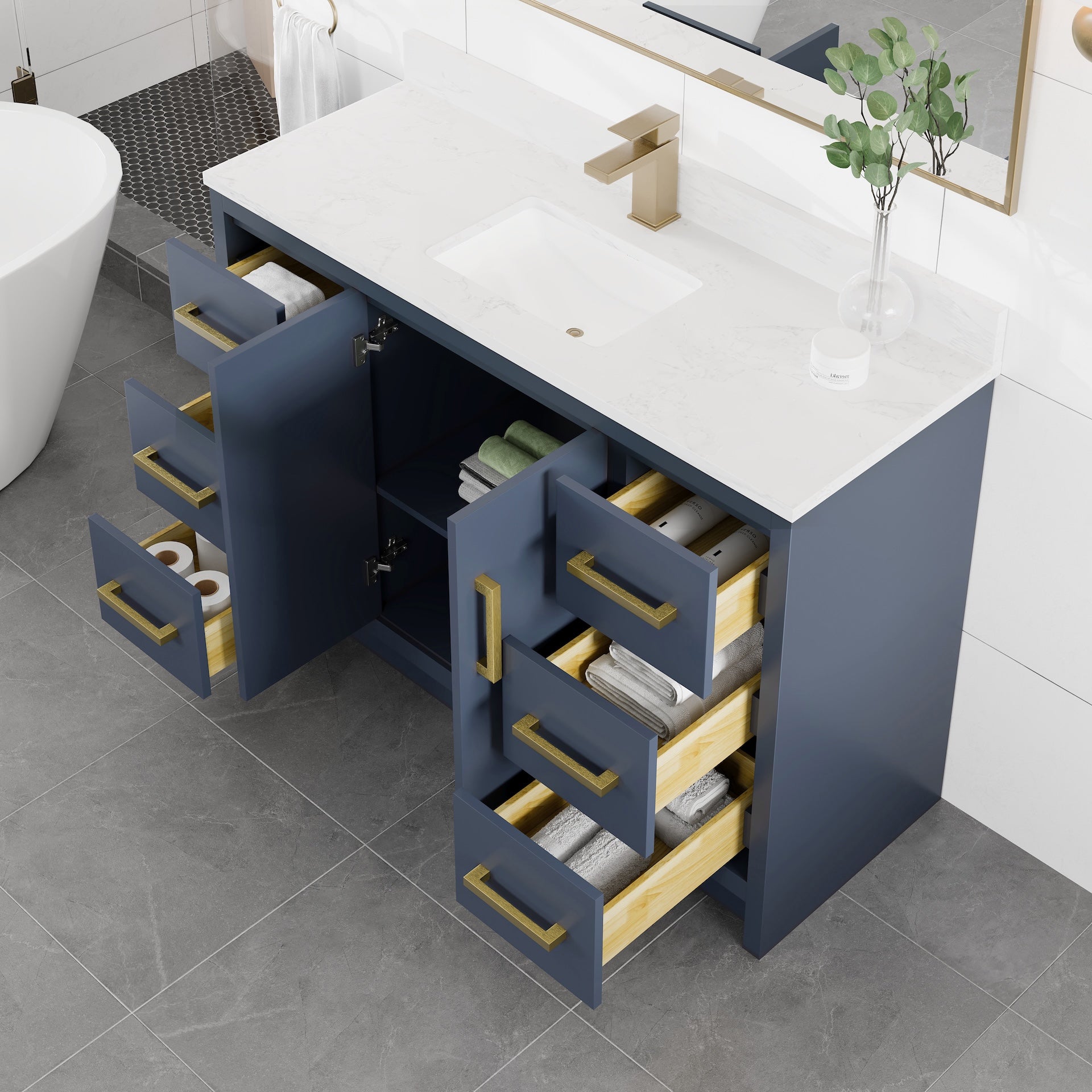 Curio 48 in. Dark Blue Single Sink Bath Vanity with Arabescato Engineered Stone Top and Undermount Porcelain Sink - Bathroom Vanity by Eviva