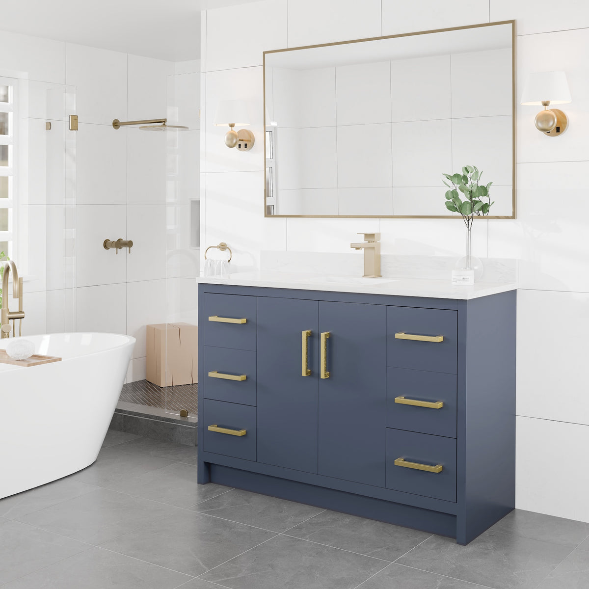 Curio 48 in. Dark Blue Single Sink Bath Vanity with Arabescato Engineered Stone Top and Undermount Porcelain Sink - Bathroom Vanity by Eviva
