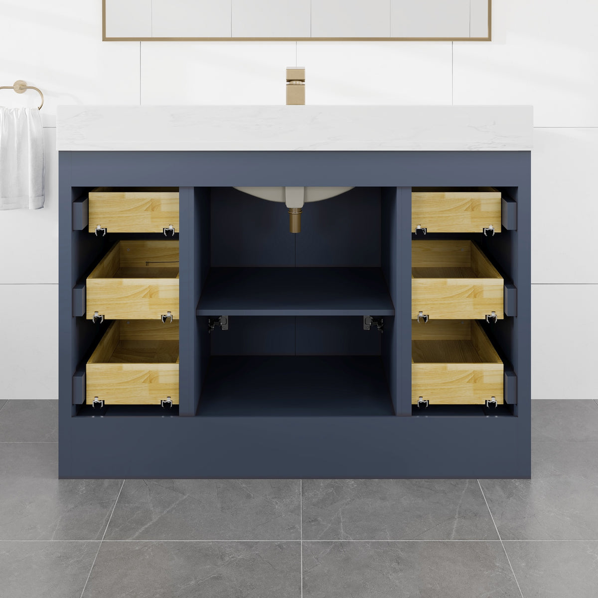 Curio 48 in. Dark Blue Single Sink Bath Vanity with Arabescato Engineered Stone Top and Undermount Porcelain Sink - Bathroom Vanity by Eviva
