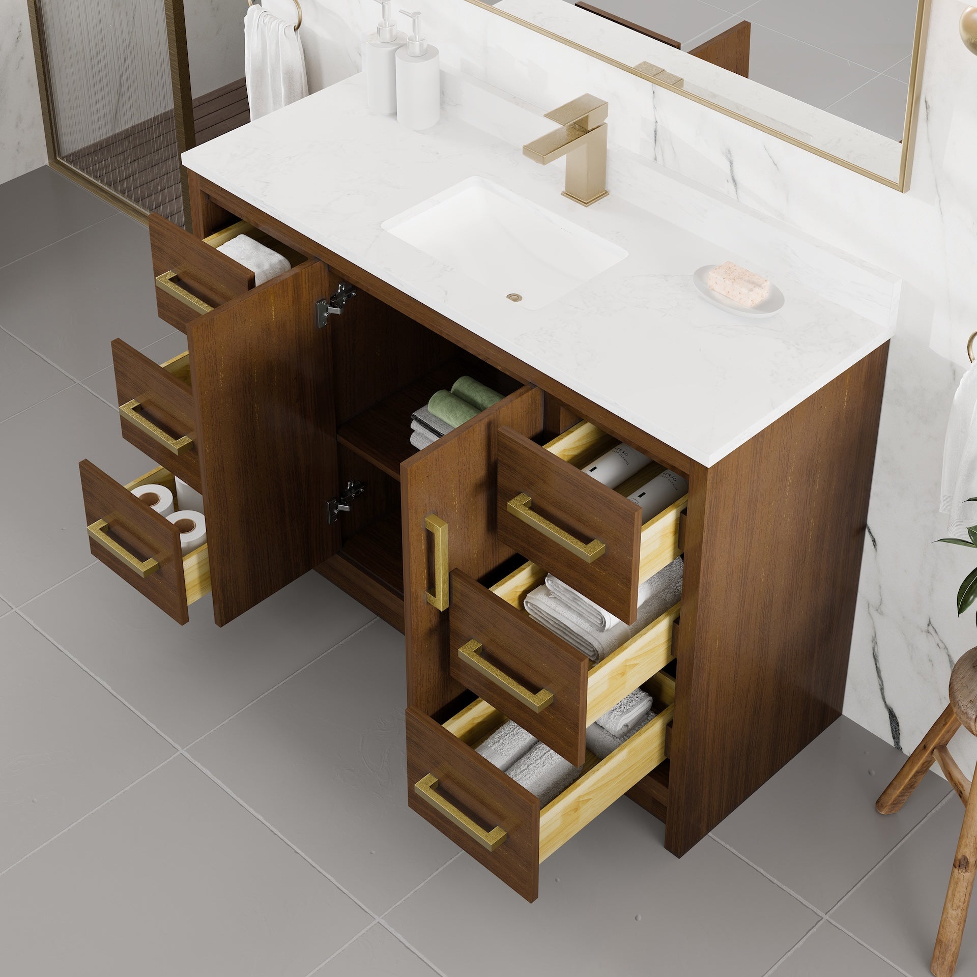 Curio 48 in. Walnut Single Sink Bath Vanity with Arabescato Engineered Stone Top and Undermount Porcelain Sink - Bathroom Vanity by Eviva